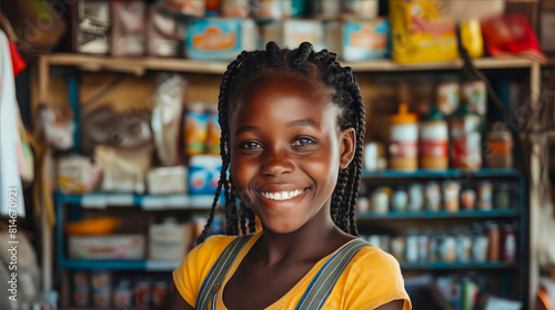 A smiling girl in a store.