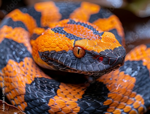 Macro shot capturing the exquisite detail and striking orange patterns of an exotic snake's scales photo
