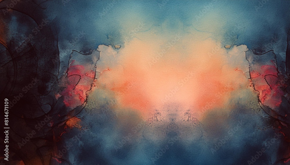 blue watercolor paint background design with colorful orange pink borders and bright center watercolor bleed and fringe with vibrant distressed grunge texture