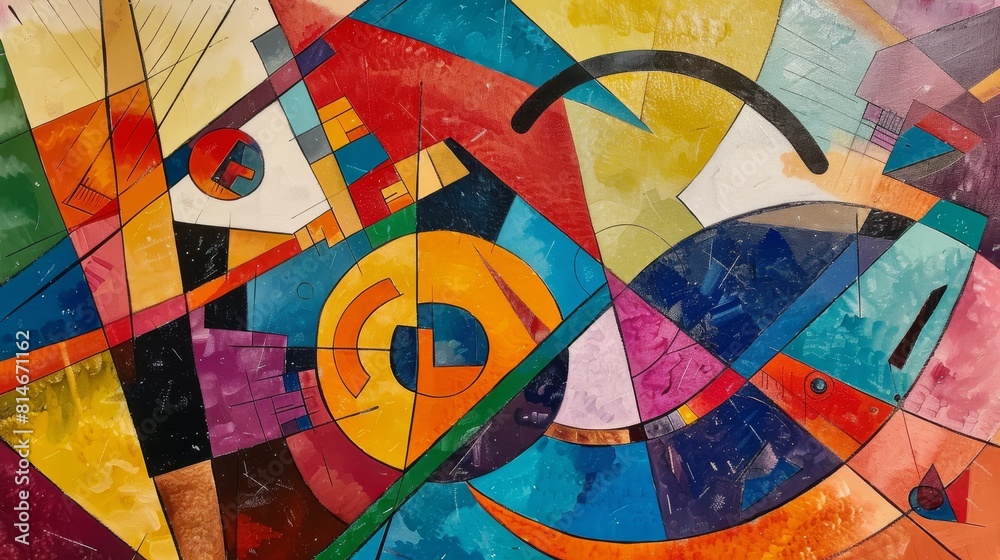 Vibrant abstract painting featuring geometric shapes and bold colors