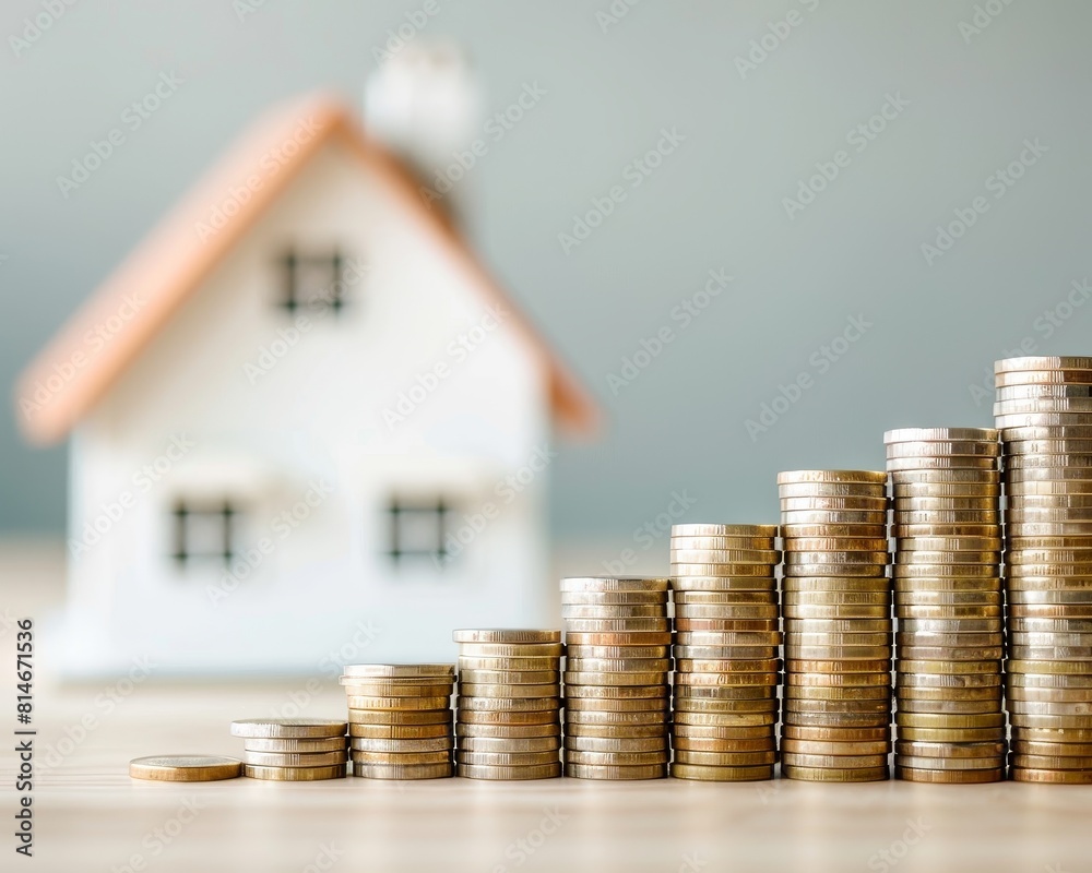Stacks of coins in front of a house. Concept of saving money to buy a house or real estate investment. Stacks of coins in front of a house. Concept of saving money to buy a house or real estate investment.