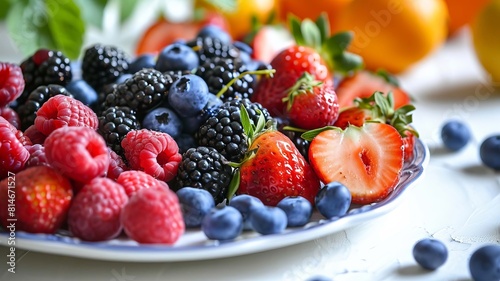 Plate with berries on the table. selective focus. Generative Ai 