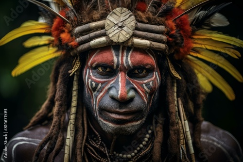 Close-up of a man in traditional dress and tribal makeup from papua new guinea