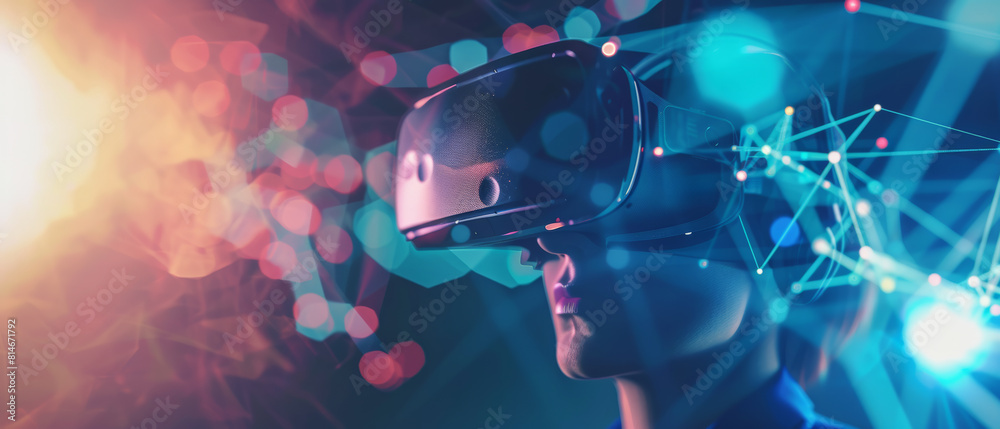 A person immersed in a vibrant virtual reality experience, surrounded by abstract data streams. A person immersed in a vibrant virtual reality experience, surrounded by abstract data streams.
