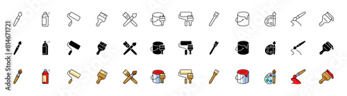 Painting icons collection. Linear, silhouette and flat style. Vector icons