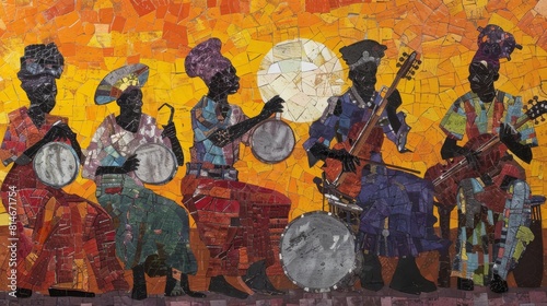 Vibrant African musicians in traditional attire performing with drums and guitar on a colorful mosaic background