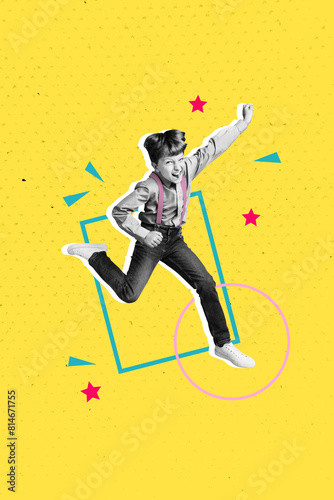 Vertical composite collage image picture of overjoyed boy jump raise fist isolated on creative background