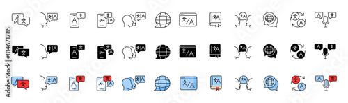 Translate icons collection. Translate icons. Linear, silhouette and flat style. Vector icons