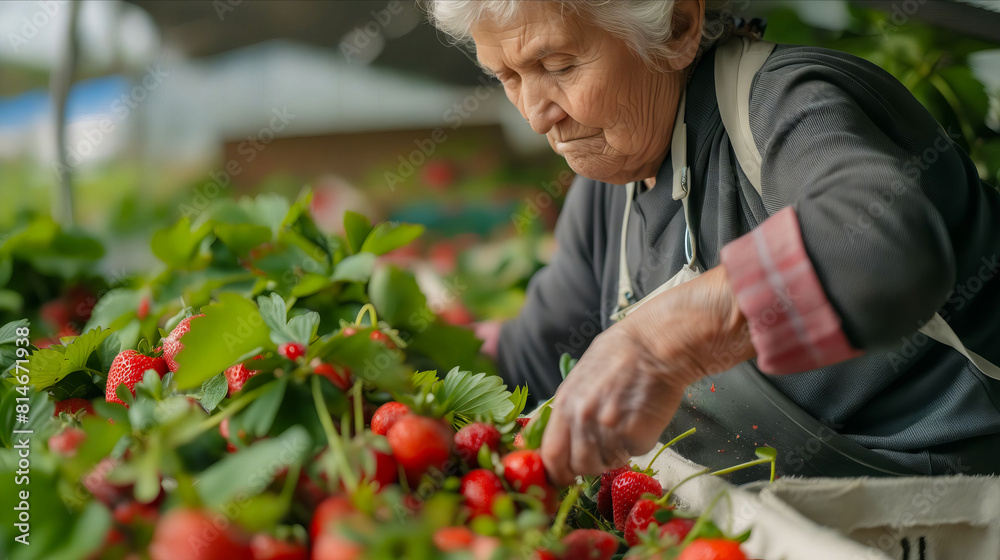 An older woman picking strawberries in a farm.