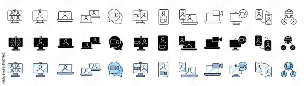 Video conference icons collection. Linear, silhouette and flat style. Vector icons Video conference icons collection. Linear, silhouette and flat style. Vector icons