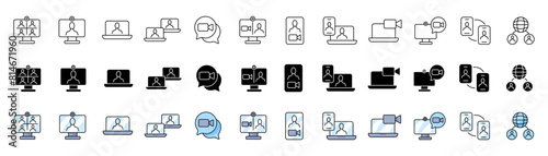 Video conference icons collection. Linear, silhouette and flat style. Vector icons