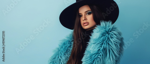 Elegant model poses in a chic blue fur coat and a black wide-brimmed hat. photo