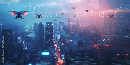 Futuristic cityscape with hightech devices close up, focus on augmented reality, copy space, ensure vivid colors, Double exposure silhouette with flying drones