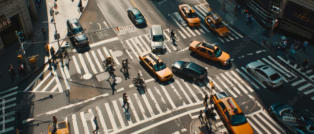 A bustling city intersection with pedestrians and cars bathed in golden light. A bustling city intersection with pedestrians and cars bathed in golden light.