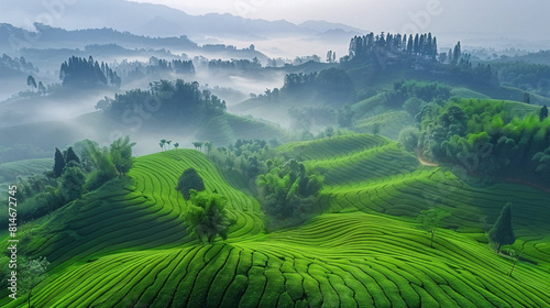 Landscape with green tea gardens and hills.