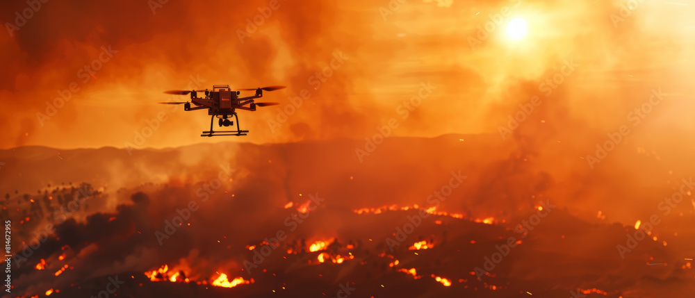 Drone flying over a raging wildfire at sunset, capturing the intensity of natural disasters. Drone flying over a raging wildfire at sunset, capturing the intensity of natural disasters.