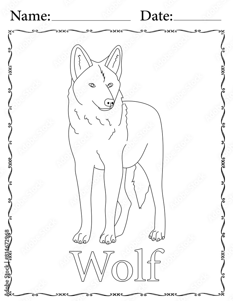 Naklejka premium Wolf Coloring Page. Printable Coloring Worksheet for Kids. Educational Resources for School and Preschool.