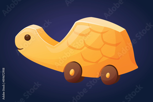 Cute baby toy for toddlers, wooden yellow turtle on wheels. Vector isolated cartoon illustration.
