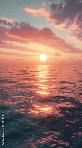 The sun is setting low on the horizon, casting a warm glow over the calm ocean water. The reflection of the sun creates a shimmering pathway on the waters surface.