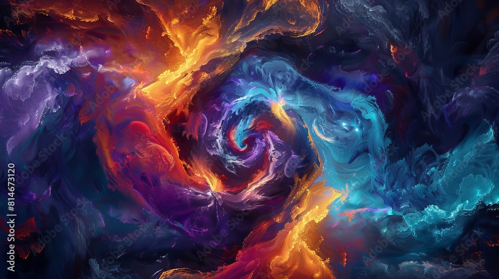 Vibrant digital art on a monitor featuring a multi-colored swirling vortex