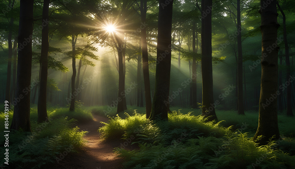 Beautiful rays of sunlight in a green forest Beautiful rays of sunlight in a green forest