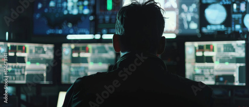 Silhouette of a man overseeing a complex control room with multiple screens.