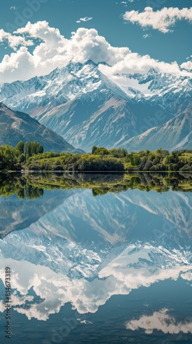 A mountain range is mirrored in the calm water below, creating a stunning natural reflection. The peaks and valleys of the mountains are clearly visible in the waters surface, enhancing the scenic vie