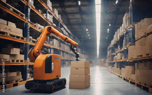 AI-powered industrial robots in a smart warehouse, efficiently organizing boxes on pallets under cool, white lighting photo