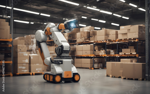AI-powered industrial robots in a smart warehouse, efficiently organizing boxes on pallets under cool, white lighting © julien.habis