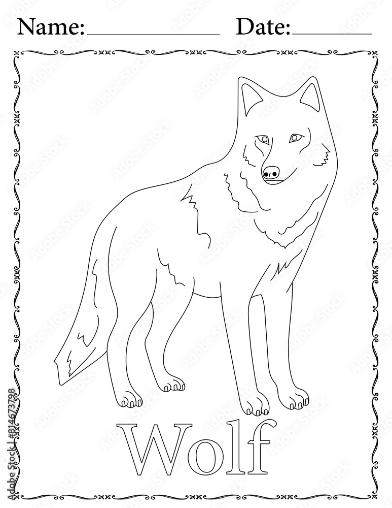 Naklejka premium Wolf Coloring Page. Printable Coloring Worksheet for Kids. Educational Resources for School and Preschool.