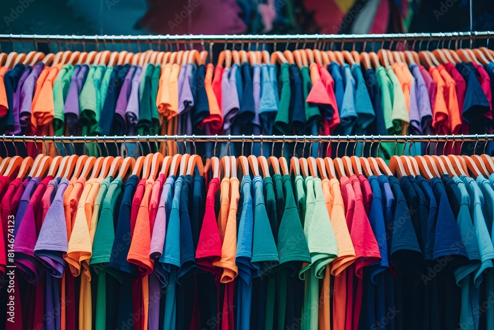 Colorful t-shirts on hangers, in rows, showcasing vibrant hues against blurred background.