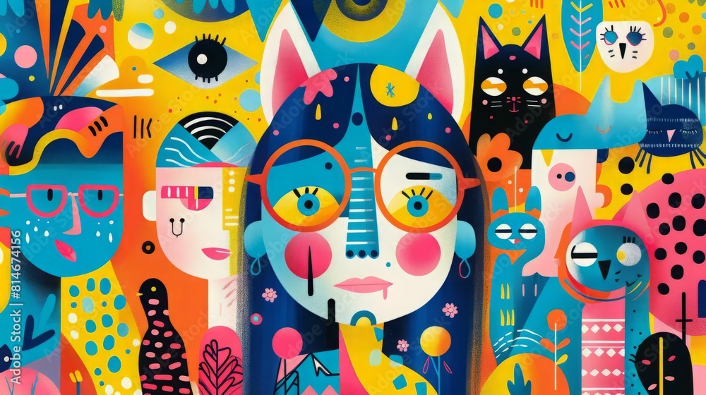 A group of diverse people and animals with bright colors and patterns. A group of diverse people and animals with bright colors and patterns.