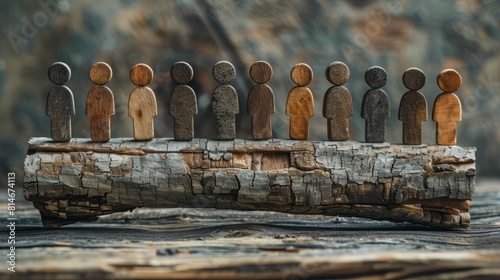 A diverse group of wooden figures stand in a row on a log outdoors. photo