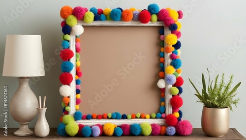 A whimsical frame adorned with colorful pom poms upscaled_7