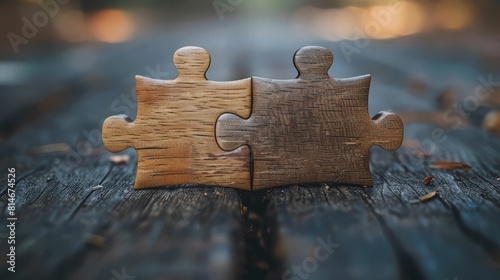 Two wooden puzzle pieces coming together on a wooden surface. photo
