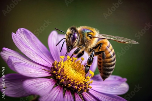 Honey bee working hard and pollinating flower. Macro photography. Beautiful bee and flower. Blurred background