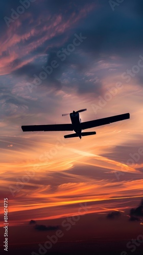 A motor plane is seen flying in the sky during sunset. The silhouette of the aircraft is outlined against the colorful hues of the setting sun. The scene captures a serene moment as the plane navigate