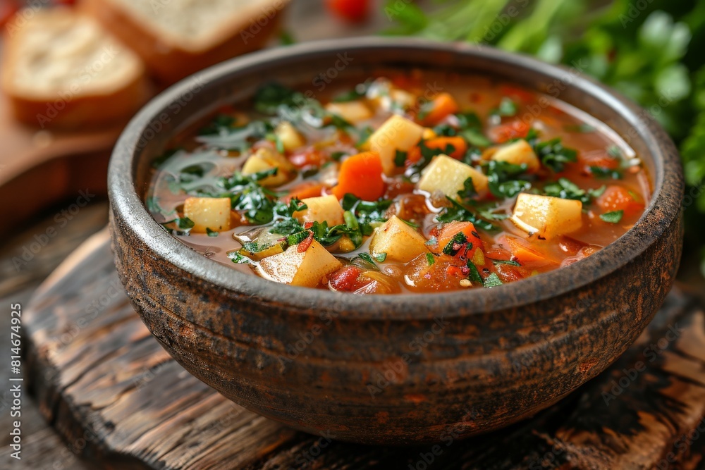 A savory homemade vegetable soup garnished with fresh herbs served in a rustic bowl, suggesting warmth and healthy eating A savory homemade vegetable soup garnished with fresh herbs served in a rustic bowl, suggesting warmth and healthy eating