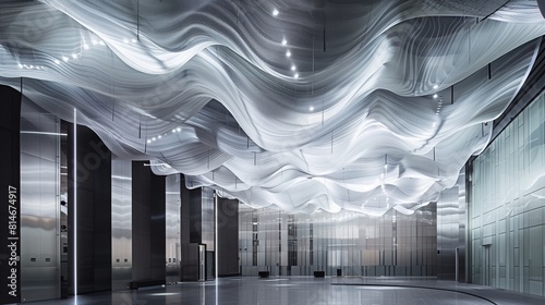 Dynamic ceiling installation, mimicking celestial movements, a mesmerizing dance of light and shadow.