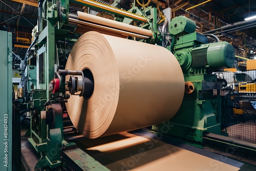Busy industrial workspace with large roll of paper being processed by green motor.