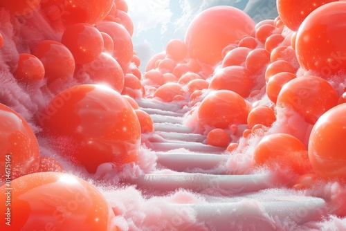 Surreal landscape of red spheres on frosted pathways, enigmatic visual representing concepts such as exploration and strangeness