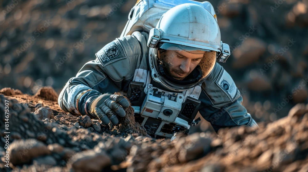 Caucasian male astronaut in spacesuit collecting samples on planet surface, Mars colonization concept. Caucasian male astronaut in spacesuit collecting samples on planet surface, Mars colonization concept.
