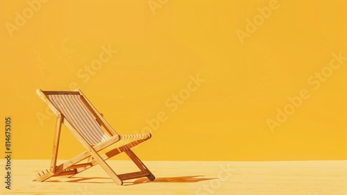 Beach chair on pastel yellow background. Summer beach concept with copy space for travel agency advertising. 