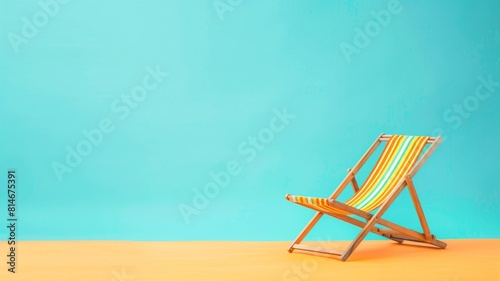 Beach chair on pastel blue background. Summer beach concept with copy space for travel agency advertising. 