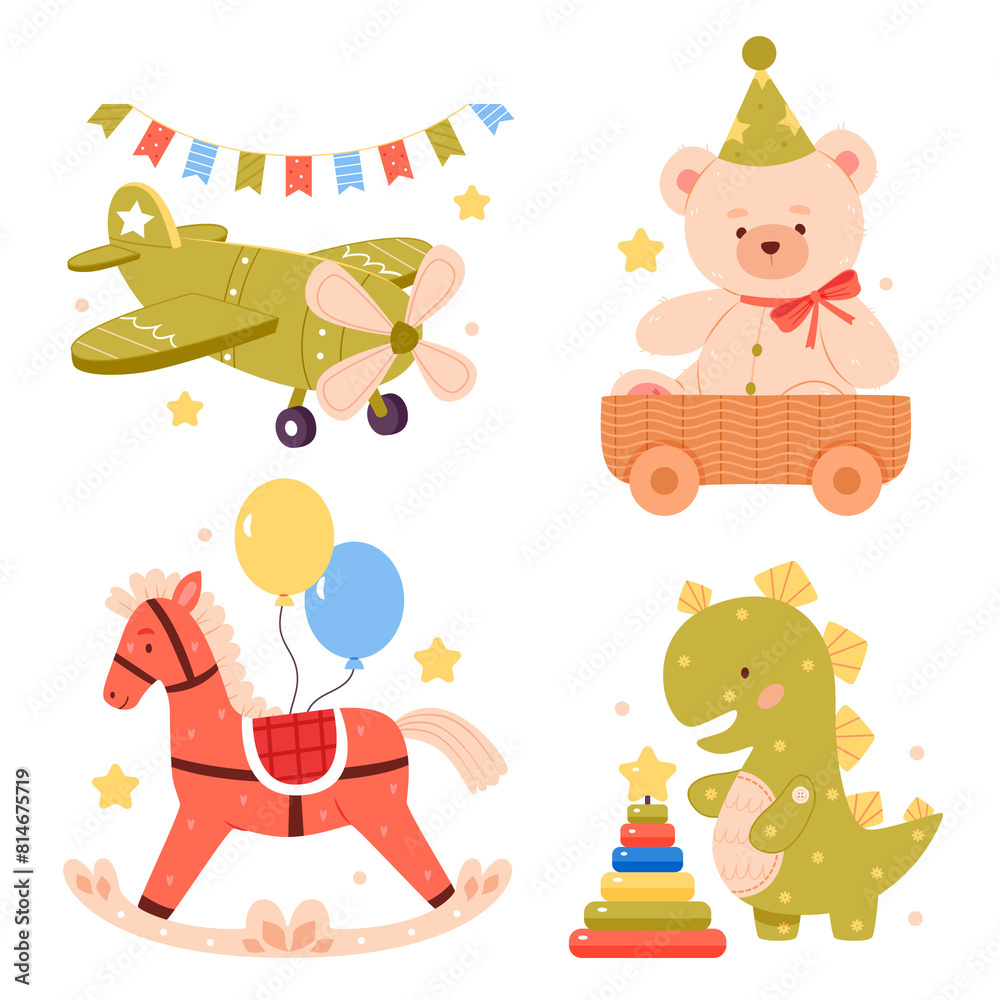 Naklejka premium Hand drawn cartoon toys mini composition set