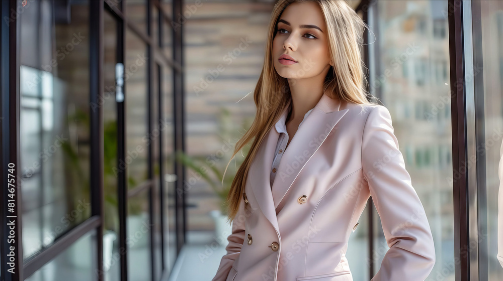 A beautiful woman in a pink suit standing near a window. A beautiful woman in a pink suit standing near a window.