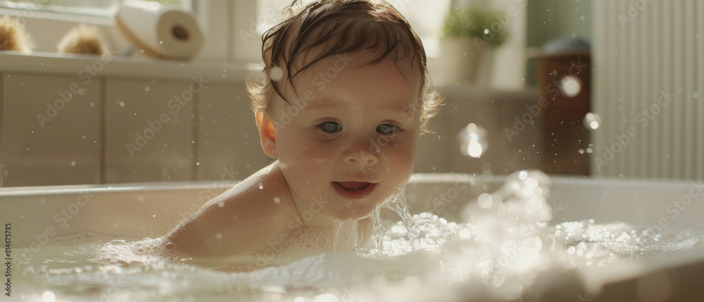 Joyous baby enjoying playful splashes during a bubbly bath, illuminated by daylight. Joyous baby enjoying playful splashes during a bubbly bath, illuminated by daylight.