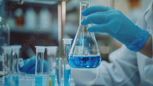 scientist hands holding blue water glass laboratory flask and several sample tubes in chemistry laboratory