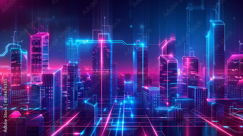  Futuristic Podium with Neon Cityscape Background. A vibrant digital illustration of a futuristic podium set against a neon-lit cityscape, showcasing glowing outlines and dynamic lighting