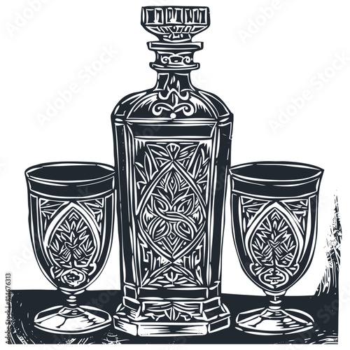 Crystal decanter with rum or vodka and two shot glasses, vector illustration